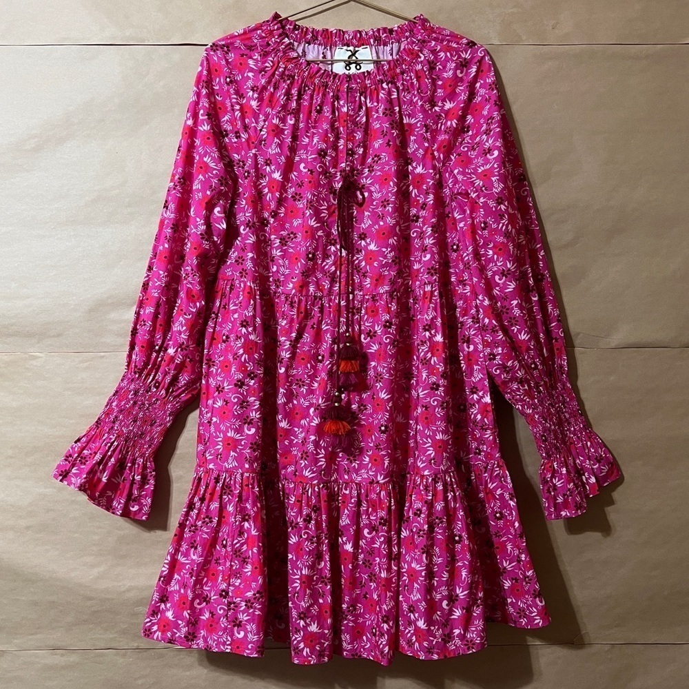 Figue | Bella Dress Tiered Popover Mini Dress Smocked Sleeve Pink Floral Size S - Picture 3 of 15